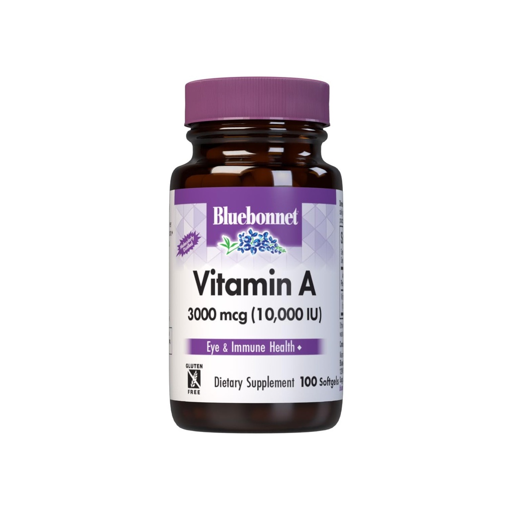 Bluebonnet Nutrition Witamina A 10,000 j.m. z głębokiego Morza, Zimnej Wody, Olej rybny - Dla zdrowia oczu i funkcji immunologicznej * - Gluten Free - Bezmleczny - Molekularnie destylowany - 100 Softgels - 100 Sług