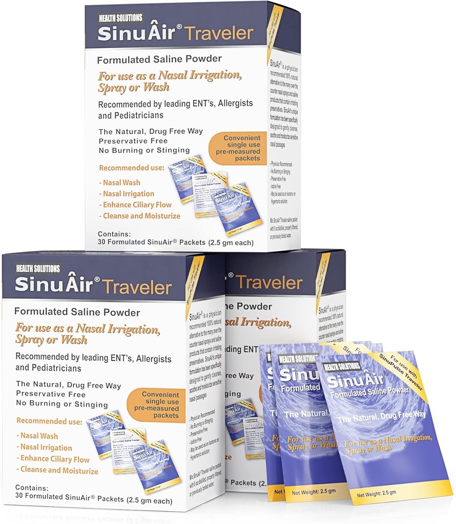 SinuAir 2,5 Garm Saline Pakiety - Chlorek sodu z potasu i wapnia, Salt Solution Proszek Refill Pakiety do nawadniania nosa, 90 Pakiety