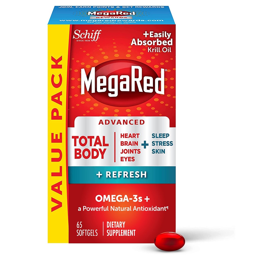 MegaRed Omega-3 Mieszanka Total Body + Odśwież 500mg Softgels, (65 Hrabia w butelce), Łatwo Absorbowany olej kryla, do wsparcia serca, Łączniki, Mózg i Oczy