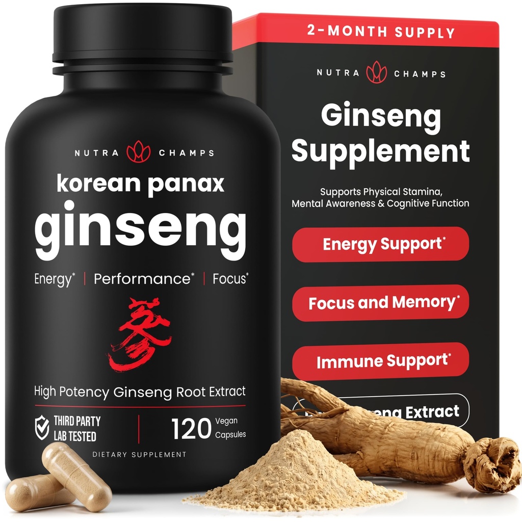 NutraChamps Koreański czerwony Panax Ginseng Kapsułki 124; Dodatkowa siła Ginsenozydy dla energii, Focus, Performance, Witalność i Wsparcie immunologiczne 124; Koreański Ginseng Root Extract (120, Czerwony)