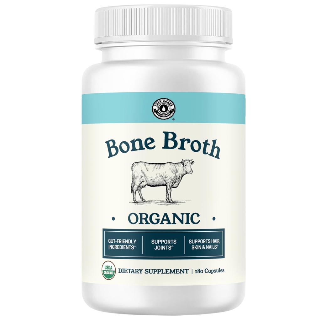 Kapsułki z kollagenem z organicznego proszku z brotu kostnego. Colagen Supplement for Nails, Hair, Joints and Digestive Health * Wsparcie. Gut Friendly- Składniki, 180 Kapsułki