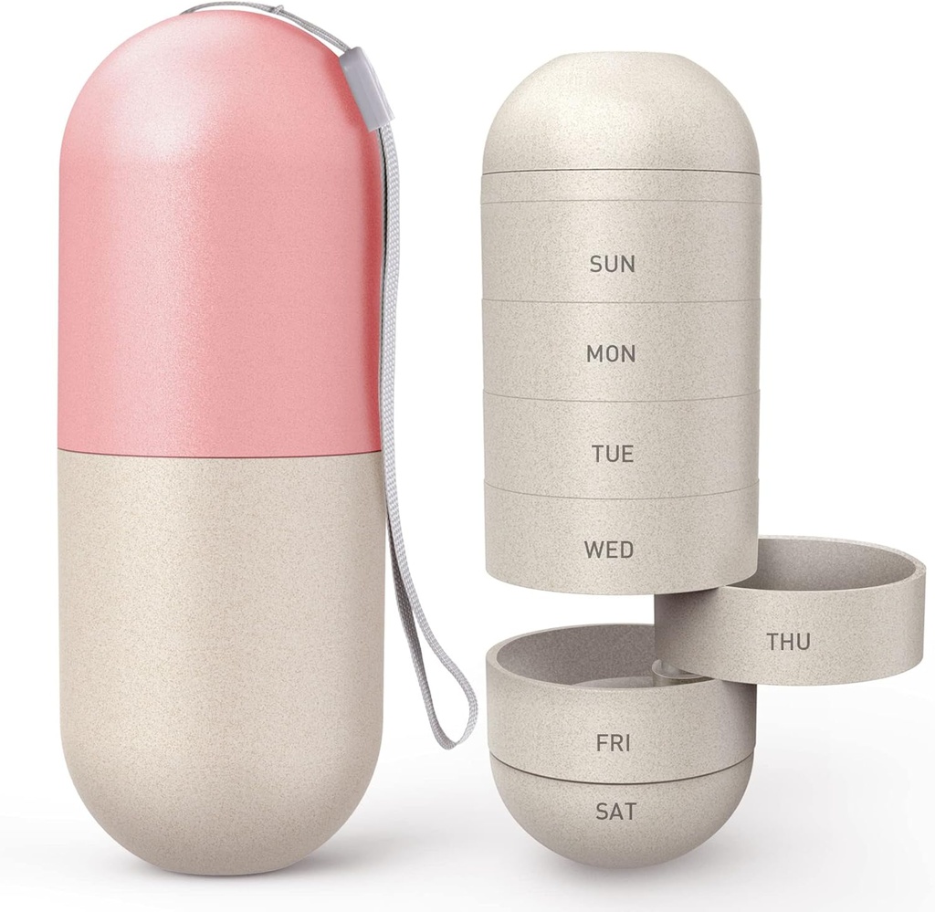 Zannaki Upgrade duży skład ziarno Fiber Moisture Dowód Cute Cotygodniowy Pill Organizator, Laserowe rzeźbiarstwo Znaki, BPA Free Travel Turystyka 7 dzień Pill Box Case Hold Pills, Witaminy, Olej rybny, Suplementy