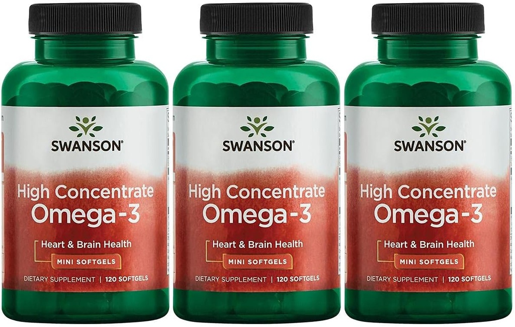 Swanson Wysoka koncentrat Omega-3 Olej rybny - Esencjalne tłuste kwasy - (120 Softgels, 680mg każdy) 3 Pack
