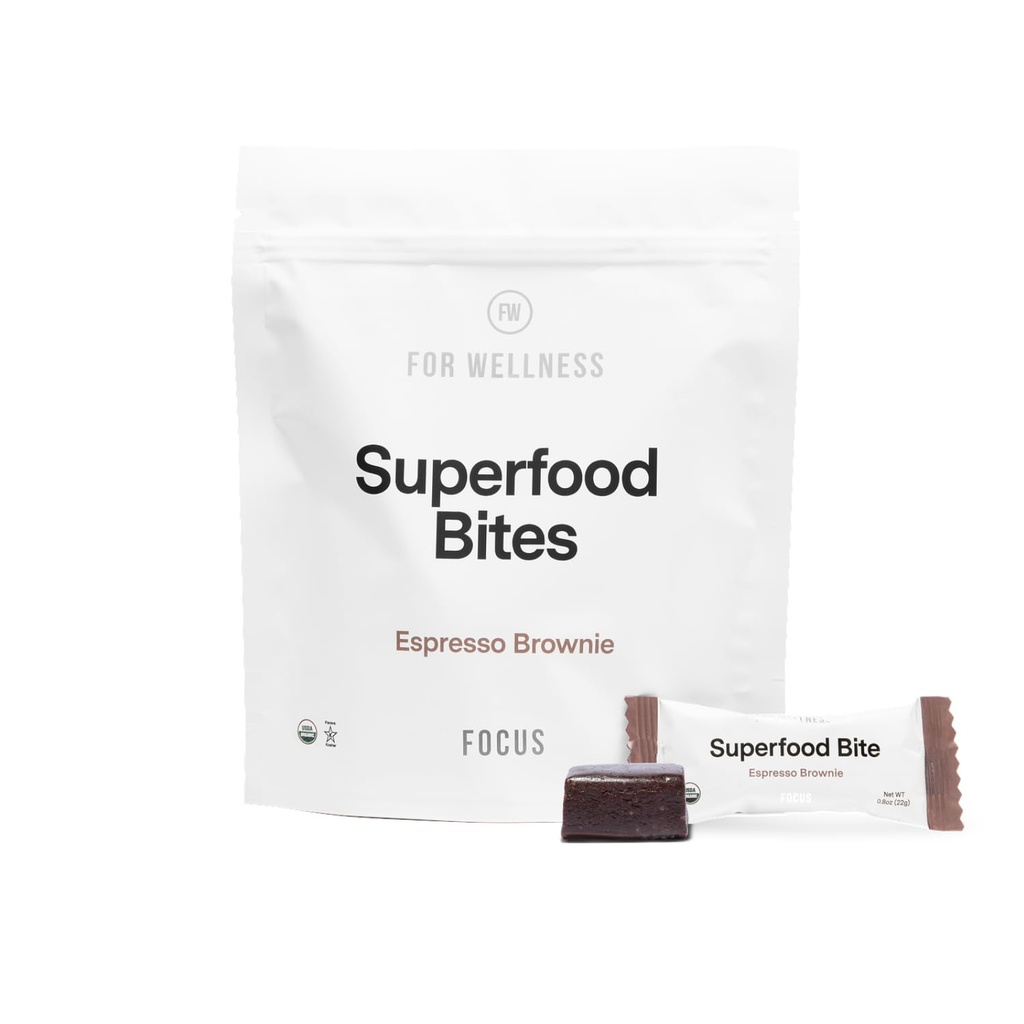 Dla Wellness Superfood Focus Bites (20 Count), Cocoa Espresso Brownie - Redukuje zmęczenie, Poprawia trawienie i wsparcie funkcji mózgu