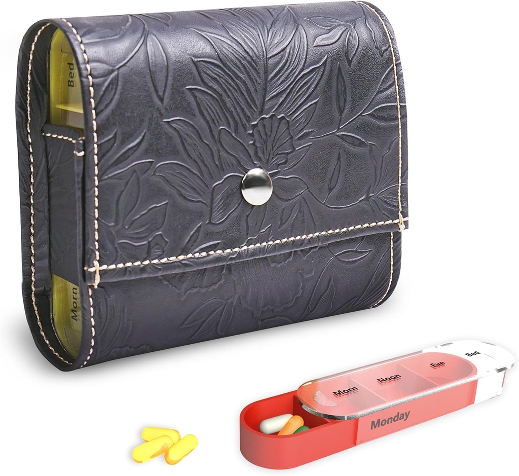 Pill Organizer, LIZIMANDU Cotygodniowe Travel Pill Case Box Medication Reminder Daily AM PM, Day Night 7 Komory, dla 4 razy dziennie, 7 dni w tygodniu Obudowa ze skóry PU (1 - rzeźbione czarny)