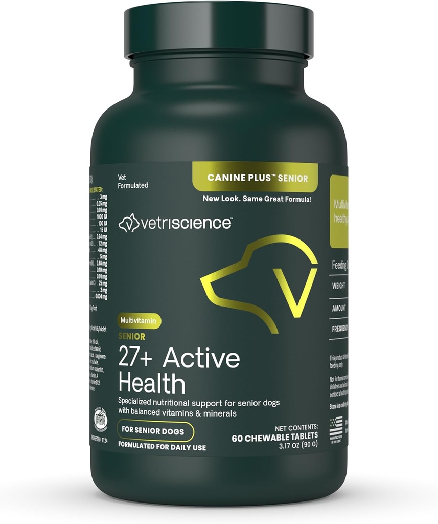 VetriScience Senior 27 + Active Health Chewable Tablets, Canine Plus Daily Multivitamin dla Senior Dogs, Zbalansowane witaminy, Minerały i Przeciwutleniacze, Starzenie i Wellness Wsparcie, Veggie, 60 Hrabia