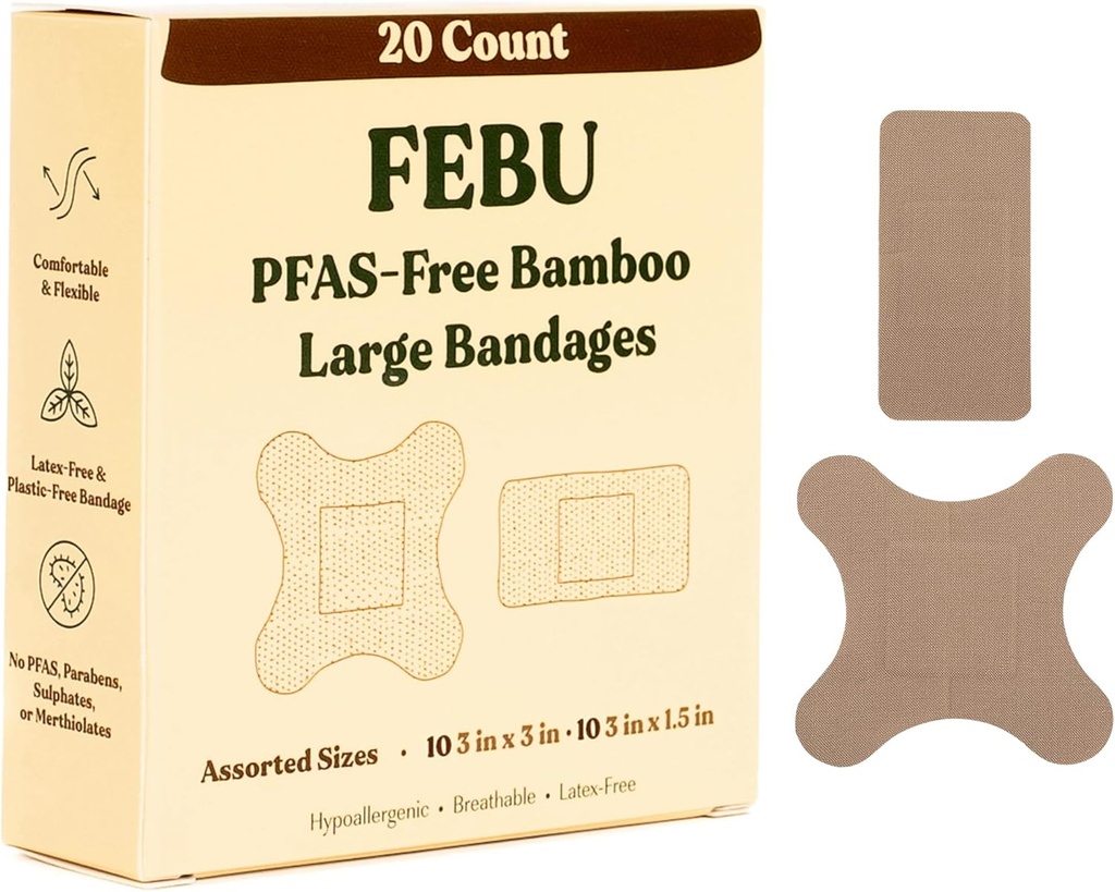 FEBU Eco- Friendly Dużych Bandaży Bambusowych 124; PFAS Free Bandaże dla Scrapes & Cits 124; Elastyczne Bandaże Fabryczne 124; W pełni Kompostowalne, Latex Free Bandage 124; 20 Count Large