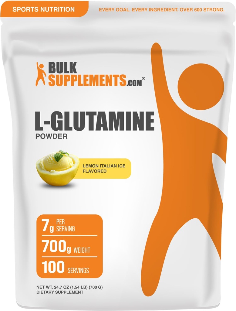 BulkSupplements.com Proszek L- glutamina - Suplement glutaminy, Suplement aminokwasów - Lemon Ice Flavor włoski, 7g na serving, 700g (1,5 kg) (Opakowanie po 1)