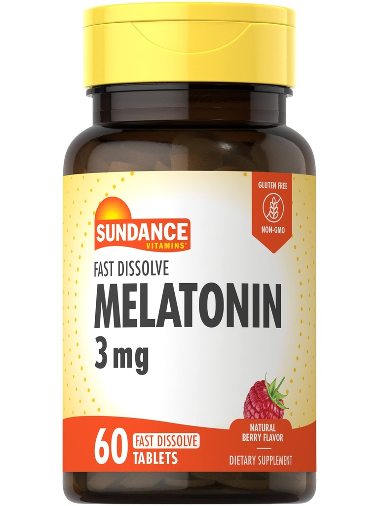 Sundance Melatonin 3mg Szybkie rozpuszczenie 124; 60 Tabletki wegetariańskie 124; Natural Berry Flavor 124; Wegetarianin, Non-GMO i gluten suplement wolny