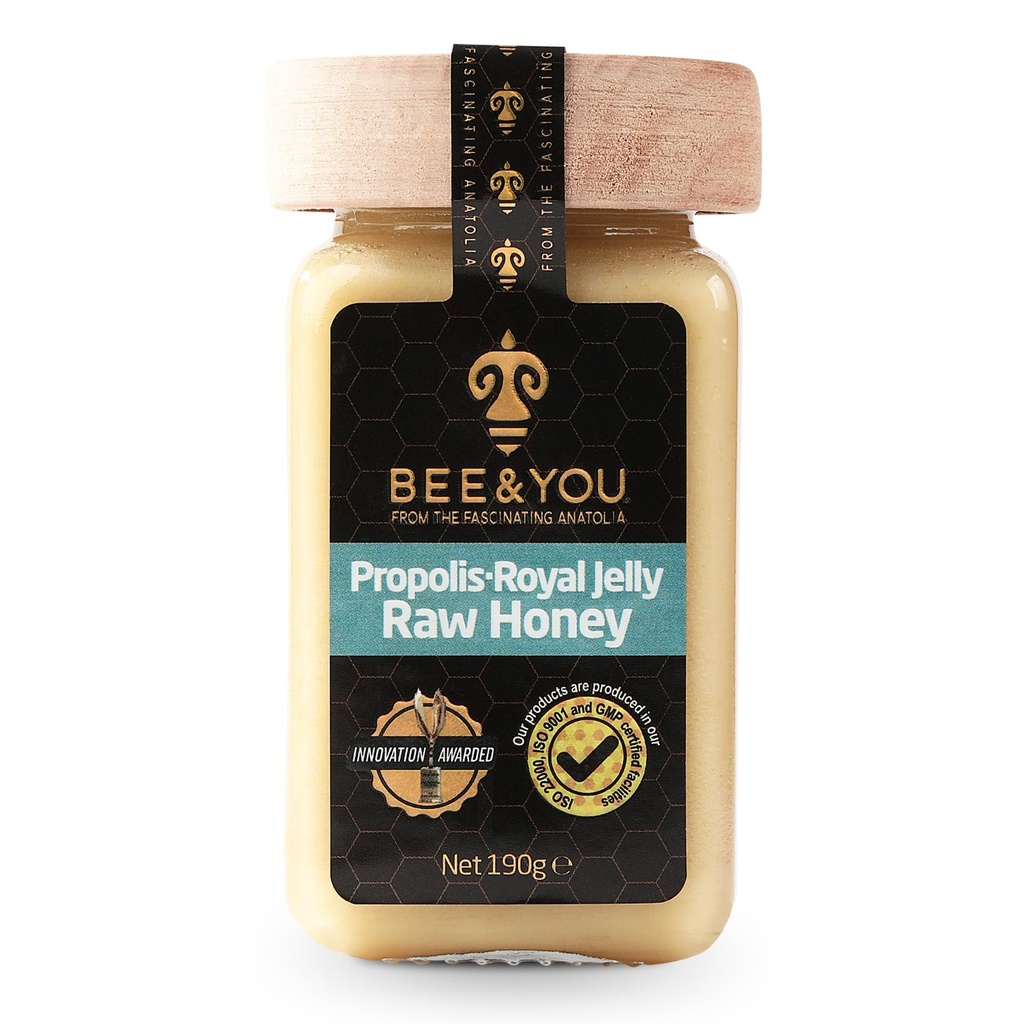 Bee and You Royal Jelly Raw Honey, Ekstrakt Propolis, 100% Natural Superfood, Ultra Pure, Suplement immunologiczny, Przeciwutleniacze, Keto, Paleo, Gluten- Free, 6.7 oz