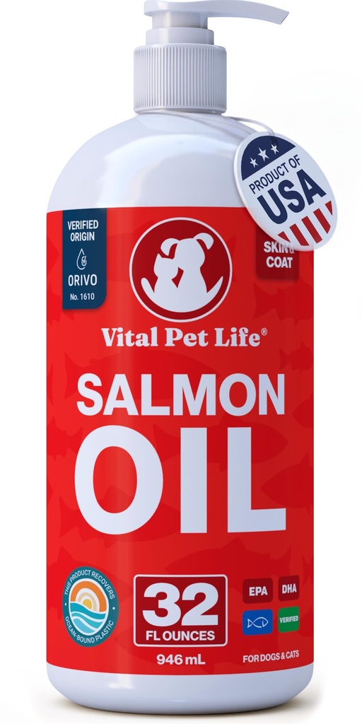 Olej łososiowy dla psów i kotów - Zdrowa skóra i płaszcz, Olej rybny, Omega 3 EPA DHA, Płynny suplement pokarmowy dla zwierząt domowych, Wszystkie naturalne, Wspiera Joint & Bone Health, Naturalna alergia i zapalenie obrony, 32 oz