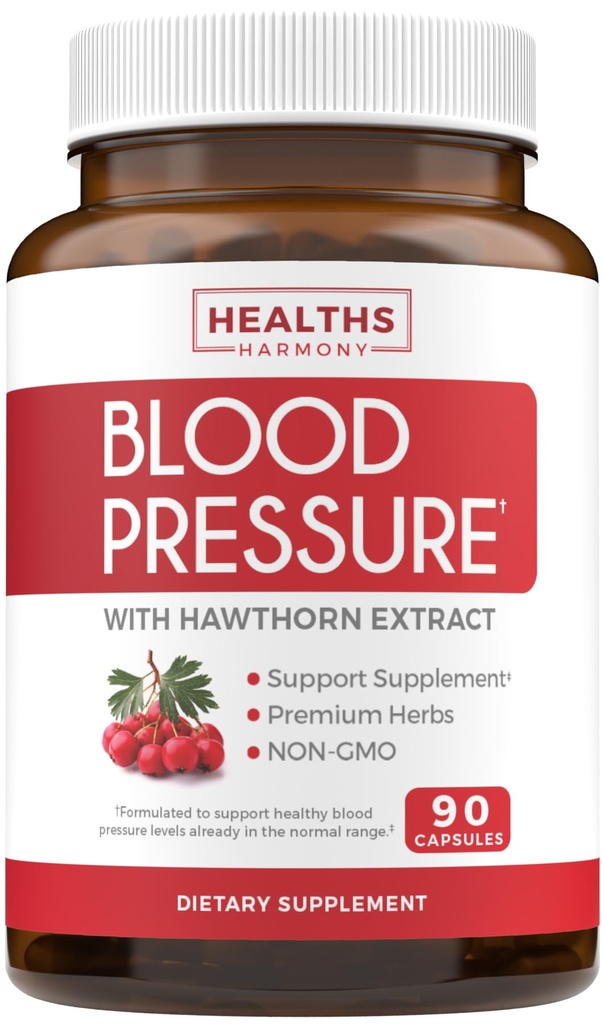 Supplement Support Pressure Supplement (NON-GMO) Premium Natural Herbs, Vitamin & Berries - Wysoka dawka Hawthorn Berry Extract - Wspiera poziom ciśnienia krwi już w normalnym zakresie - 90 Kapsułki