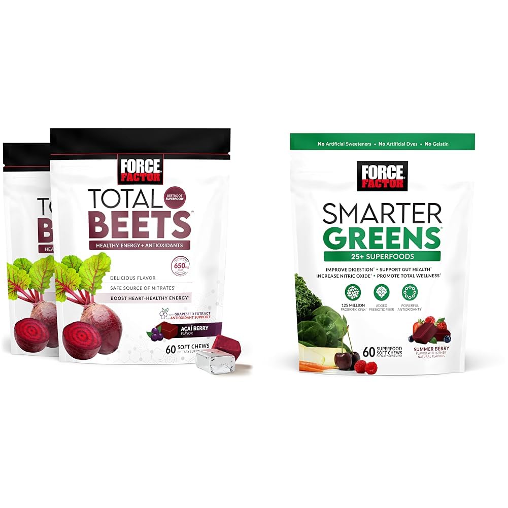 Siła Factor Total Beets Soft Chews z buraków, ekstrakt z winogron, przeciwutleniacze, azotany, L-Citrulline, 120 Count, 2-Pack i Smarter Greens Superfood Chews z 25 + Superfood, Probiotyki, Antyutleniacze, i Fiber, 60 Count
