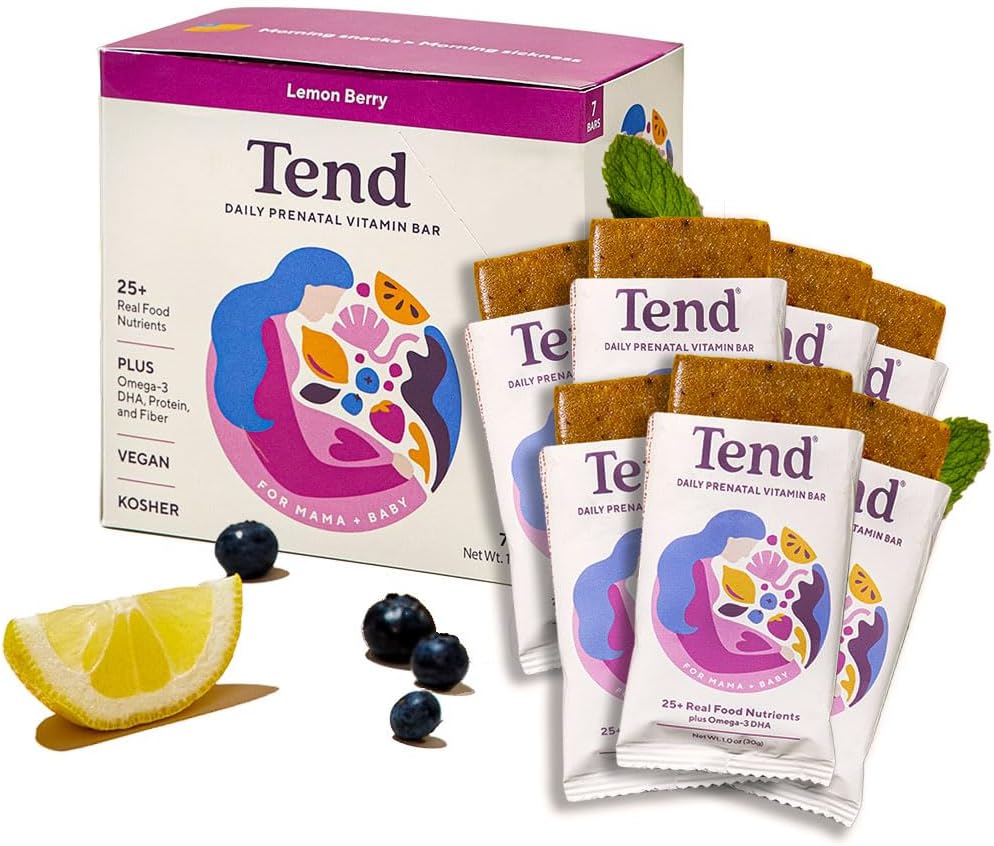 Tend Daily Best Prenatal Witamina Bar, Made with Organic Składniki dla ciężarnych i poporodowych matek, Zawiera DHA, Witamina D, B, Cholina, Folate - Lemon Berry (7ct)