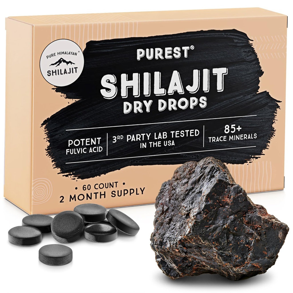 Pure Himalayan Shilajit Dry Drops, 100% Pure Natural Shilajit, Grade A, Max Pottency 85 + Clean Trace Minerals & Fulvic Acid for Energy, Metabolizm i suplement immunologiczny dla mężczyzn i kobiet (60 tab)