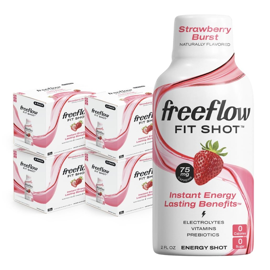 Wolna Fit Energy Shots, Strawberry Burst, Natural Cafeline Boost z L- theanine, Ginseng, Witaminy, Prebiotyki, Elektrolity (24 Count, 2oz Shots)