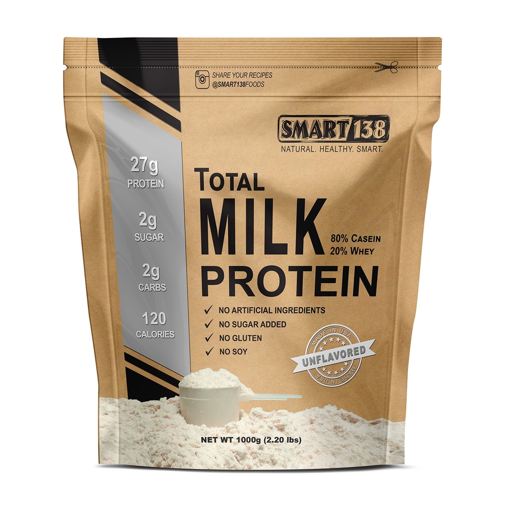 Smart138 Całkowite białko mleka - 80% Casein 20% Serwatka - RBST / rBGH Hormon Free, Gluten- Free, Soy- Free, Non-GMO, USA, Keto Low Carb, Natural BCAA (1000g / 2,2lbs, Unflavored)