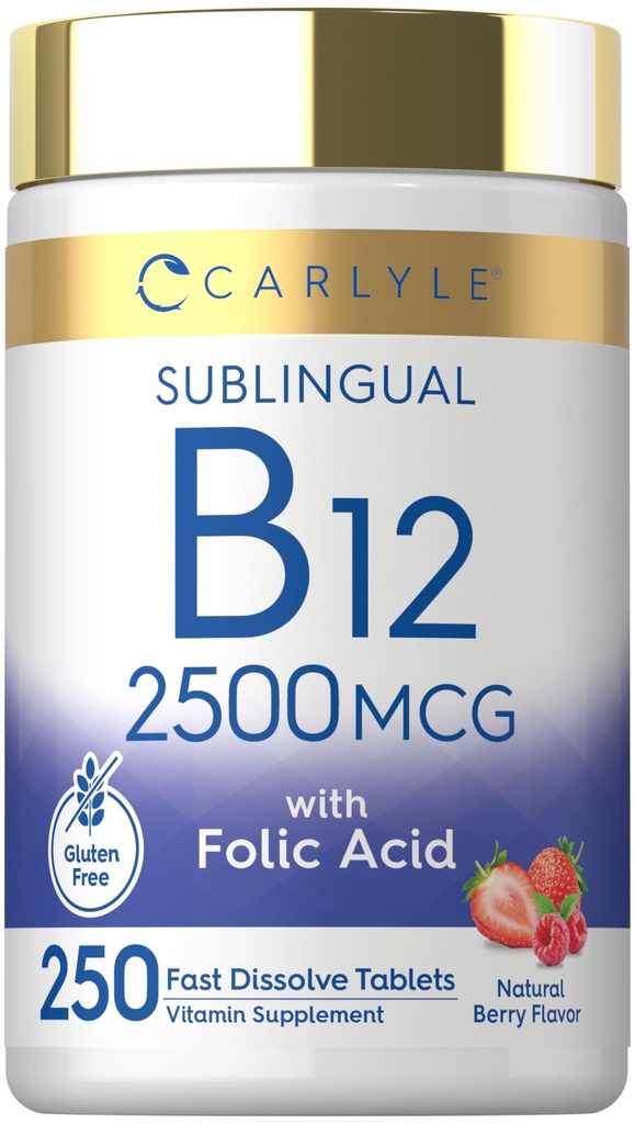 Carlyle Witamina B12 Podjęzykowy 2500 μg 124; 250 Szybko rozpuszczalne tabletki 124; Cyanokobalamina Suplement z kwasem foliowym dla dorosłych 124; Natural Berry Flavor 124; Wegetarian, Non-GMO i Gluten Free