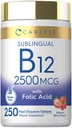 Carlyle Witamina B12 Podjęzykowy 2500 μg 124; 250 Szybko rozpuszczalne tabletki 124; Cyanokobalamina Suplement z kwasem foliowym dla dorosłych 124; Natural Berry Flavor 124; Wegetarian, Non-GMO i Gluten Free