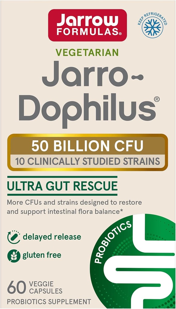 Jarrow Figuras Jarro- Dophilus Ultra - 50 Miliard żywotnych organizmów na serwis - 60 Opóźnione uwolnienie Veggie Caps - Restores, Chroni i konserwuje Instinal Flora - 60 Służenia