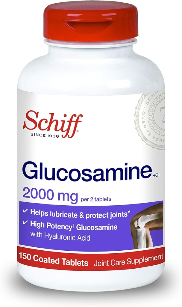 Schiff Glukozamina 2000mg (na serwowanie) + tabletki kwasu hialuronowego (150 liczenie w butelce), suplement do wspólnej opieki, który pomaga wspierać wspólną mobilność i elastyczność, Wspiera strukturę chrząstki
