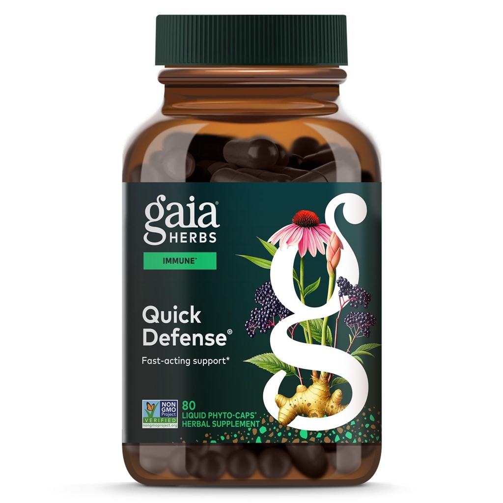 Gaia Herbs Quick Defense - szybko działający suplement wsparcia immunologicznego * - Echinacea, Black Elderberry, Ginger & Andrographis - 80 Vegan Liquid Phyto- kapsułki (8- Day Supply)