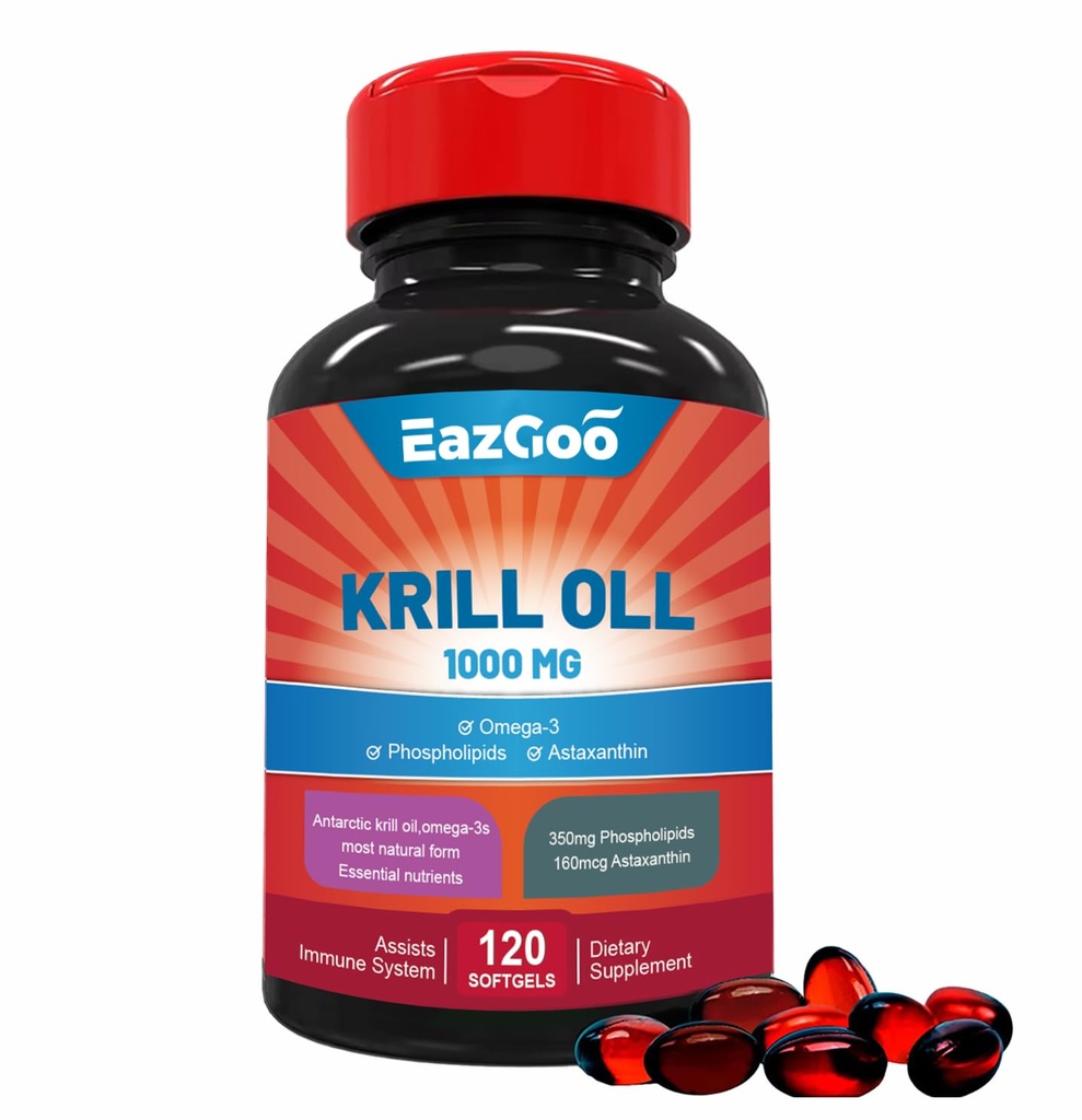 Antarctic Krill Oil 1000mg, Omega 3 Supplement，EPA, DHA, Phospholipids and Astaxanthin- 120 Softgels
