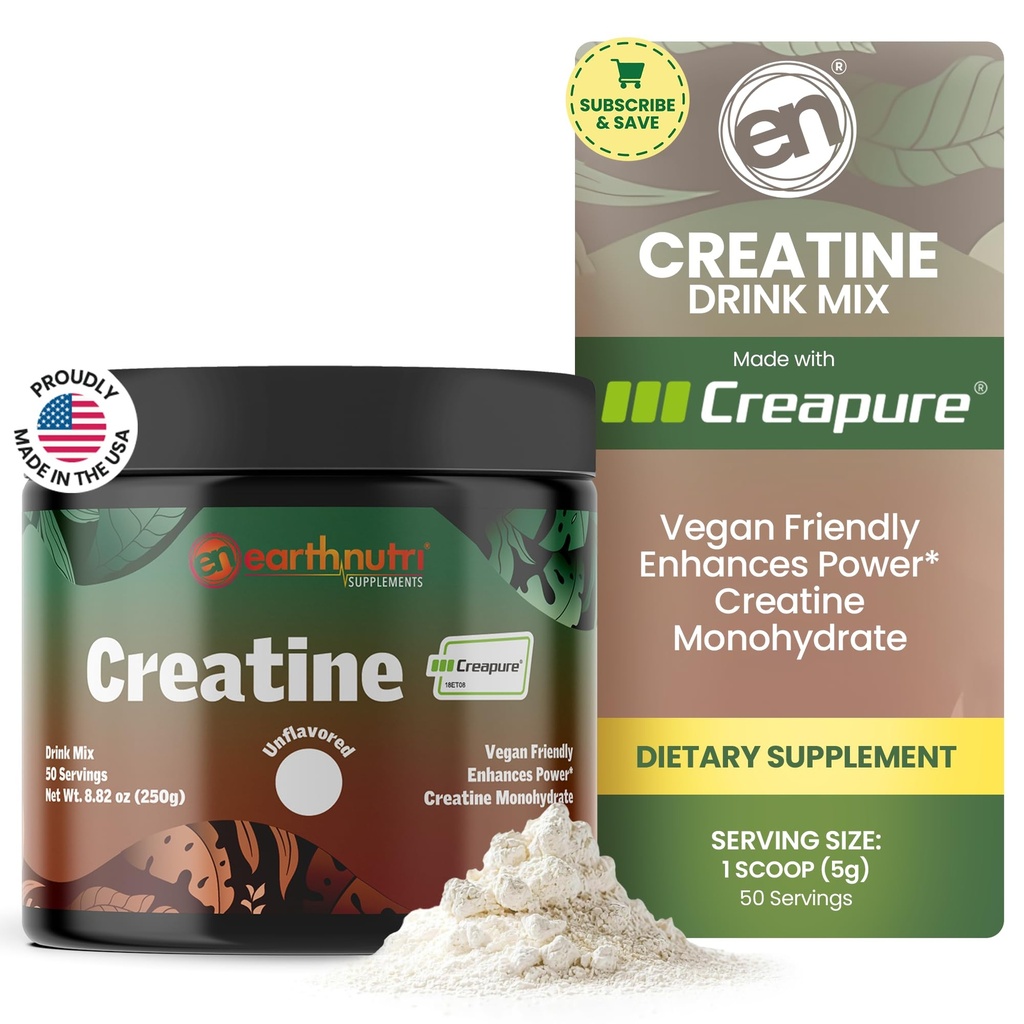 Proszek jednowodny EarthNutri Creatine - Pure Creatine Supplement for Muscle Strength, Strength & Performance - Non-GMO, Sugar- Free, Additive- Free - dla mężczyzn i kobiet, Unflavored 250g
