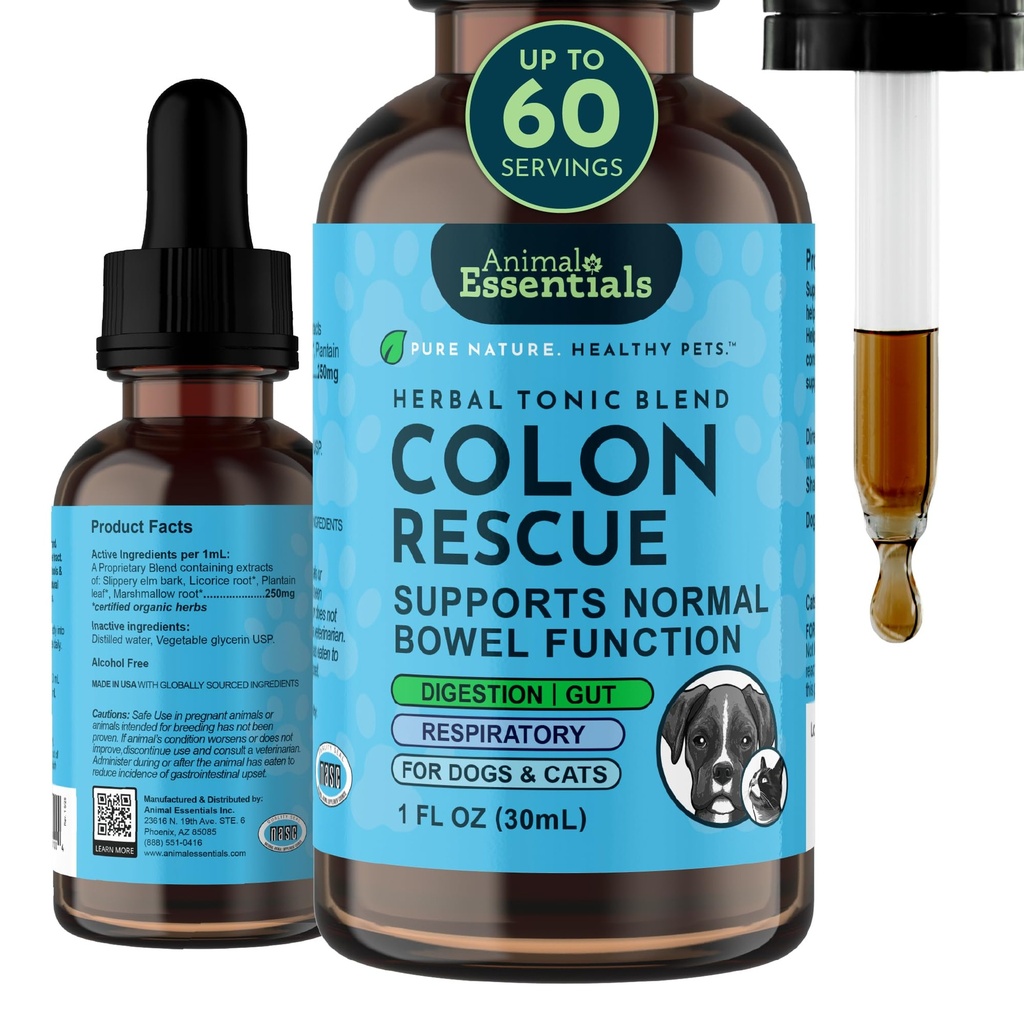 Ressentials zwierząt Colon Rescue dla psów i kotów - Zaparcia Relief, Stool Softener z Śliski Elm, Marshmallow Root, Licorice Root - 1 Fl Oz