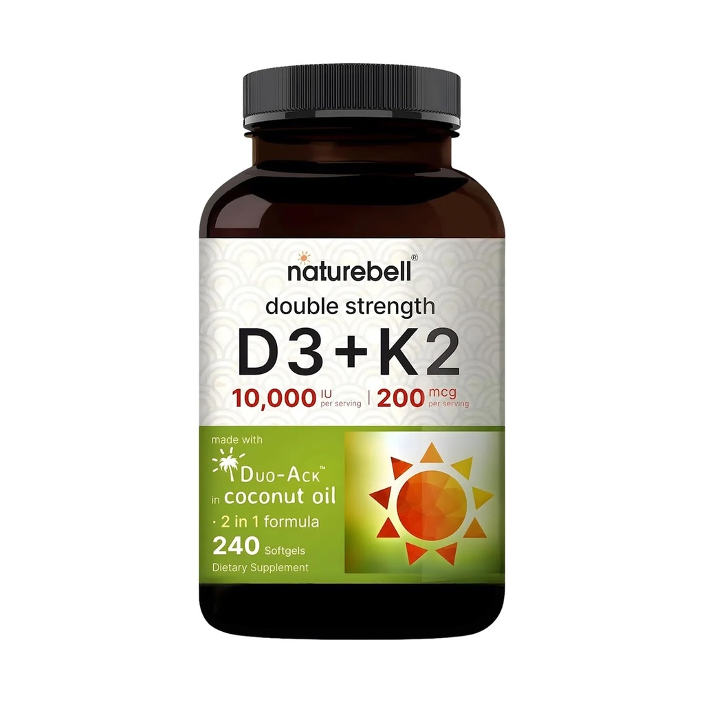 NatureBell Witamina Podwójna Siła D3 + K2- 240 Softgels - 10 000 IU Witamina D & 200mcg K2 - Siła kostna, Funkcja immunologiczna & Wchłanianie wapnia * - Olejek kokosowy Infused