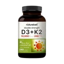 NatureBell Witamina Podwójna Siła D3 + K2- 240 Softgels - 10 000 IU Witamina D & 200mcg K2 - Siła kostna, Funkcja immunologiczna & Wchłanianie wapnia * - Olejek kokosowy Infused
