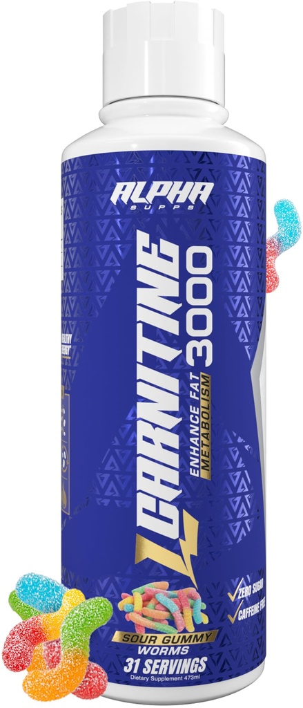Alpha Supps L Carnitine Liquid 3000 XI124; Stimulant- Free L- Carnitine Suplement dla mężczyzn i kobiet XI124; Pre- Workout Energy Boost & Muscle Recovery 124; Zero Sugar, Fat, & Carbs XI124; 31 Sługi (Sour Gummy Worms)