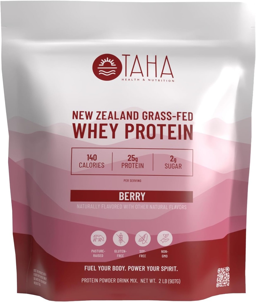 Taha Health & Nutrition Berry Flavored Shey Protein Concentrat Powder, 25g Protein, 140 Calories, 2g Sugar British 124; New Zealand Grass- Fed, Free- Range Dairy British 124; Gluten and Soy Free, Keto, Kosher British 124; 2LB