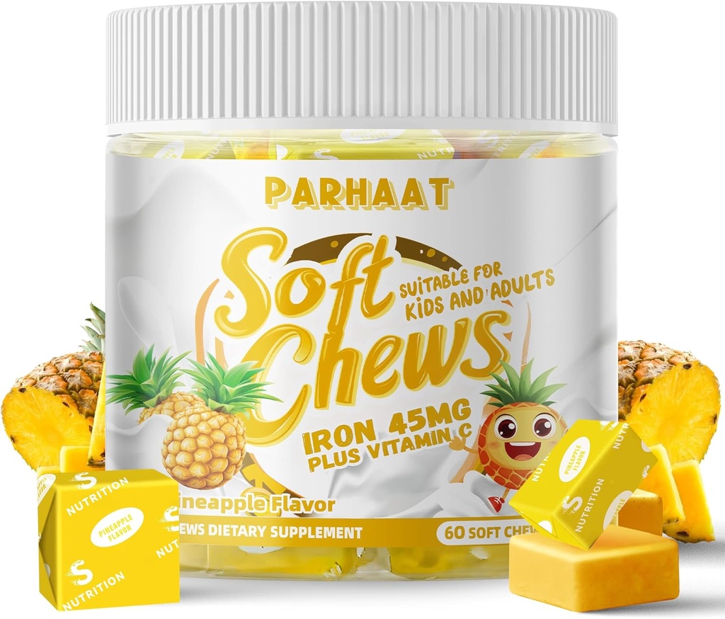 Suplement do żucia Iron Soft z witaminą C 124; Ananas Flavored 124; Gluten wolny 124; Żelazo suplement dla kobiet i dzieci 124; 60 Hrabia 124; 2 Dostawa miesiąc