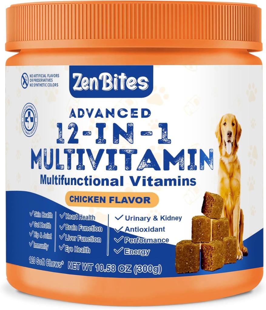 12- in-1 Pies Witaminy i Probiotyki 120 Soft Chews - Organic Multivitamin z Glukozaminy dla psów - Joint Support Supplement for Dogs of All Ages, Rozmiary, & Breeds, Wspiera skórę, serce, odporność