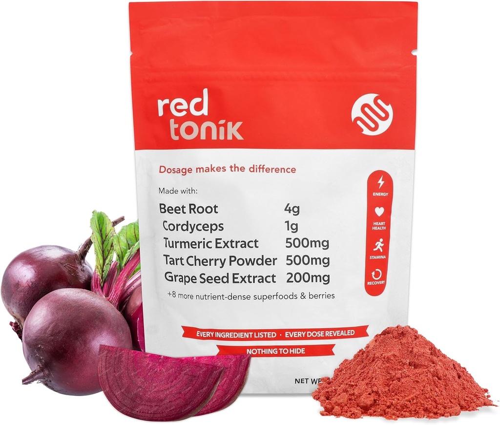 Red Tonik Superfood Proszek Burak 124; Burak Korzeń 124; Grzyb 124; Kurkuma 124; Daily Supplement with 13 Superfoods British 124; Witaminy i minerały British 124; Boost Energy, Stamina British 124; Post- Workout Recovery