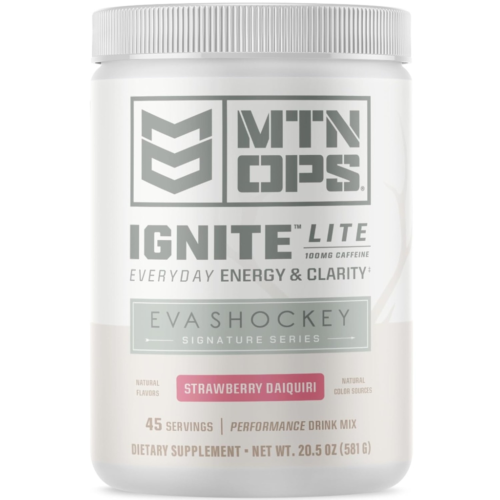 MTN OPS Ignite Lite Energy Drink Powder Guten Free Nitric Oxide Supplement Drink Mix, L Arginina, L Cytrulina, Kofeina i Nootropowy Sugar Free Drink Mix, 45 Servings, Strawberry Daiquiri Flavor przez Eva Shockey