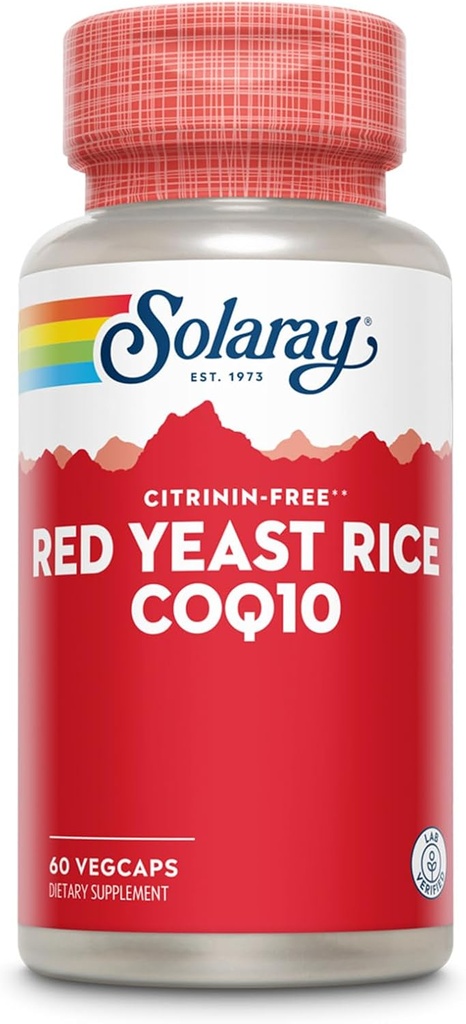 SOLARAY Red Yeast Rice Plus CoQ- 10 & No- Flush Witamina Niacyna B- 3, Zdrowe serce i wsparcie sercowo-naczyniowe, Nienapromieniowane & Citrynina Free, 60 Dni Gwarancja zwrotu pieniędzy, 60 Służenie, 60 WegeCaps