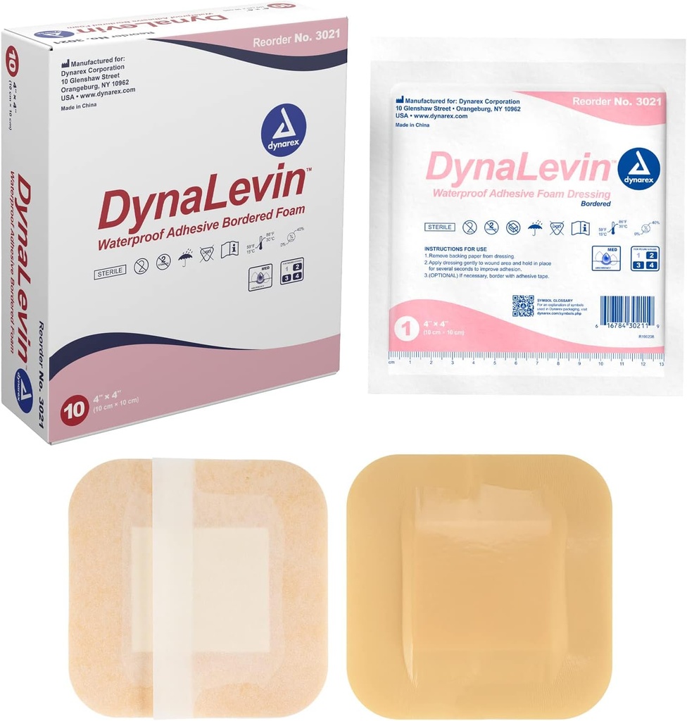 Dynarex Dynalevin Waterproof Adhesive Border Foam, 10 Count / 4 x 4 Inch