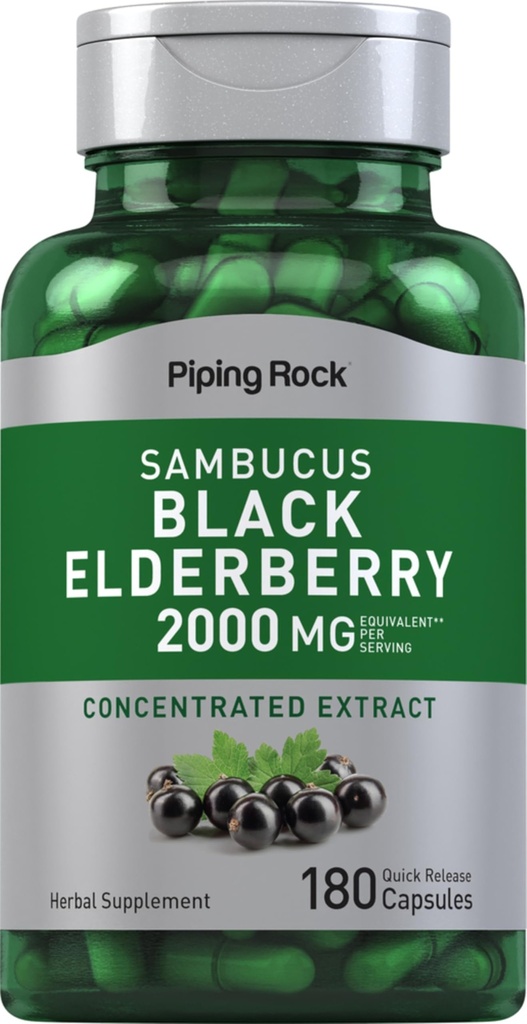 Piping Rock Elderberry Kapsułki 124; 2000 mg 124; 180 tabletek 124; Sambucus Herbal Extract Supplement Detale 124; koncentrat ekstrakt 124; Non- GMO, Gluten Free