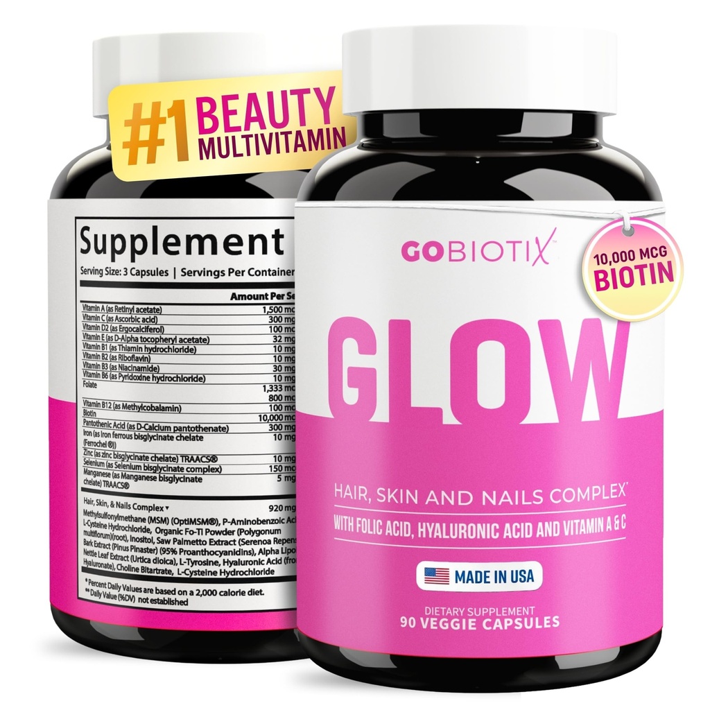GOBIOTIX Włosy skóry i paznokci Suplement witaminy - 10000mcg Biotin pigułki z kwasem hialuronowym, folianem, żelazem, magnezem i cynkiem - produkcja kolagenu, wzrost włosów - 30 Służenie