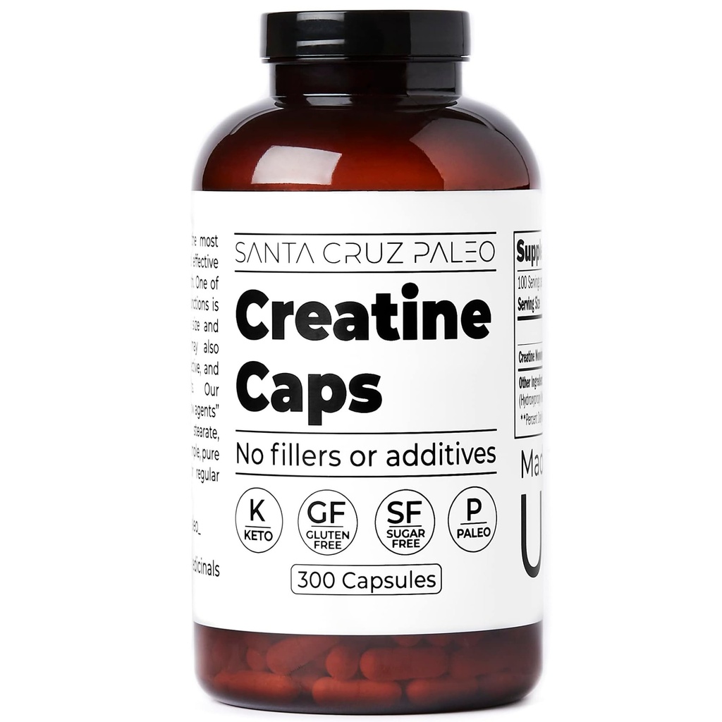 Santa Cruz Paleo Capsules Creatine, Wspomaga wzrost mięśni i energii, Gluten Free, Keto, Sugar Free, Paleo, No Fillers or Additives, Pigułki jednowodzian kreatyny, 2500mg, 100 Sług, 300 Kapsułki