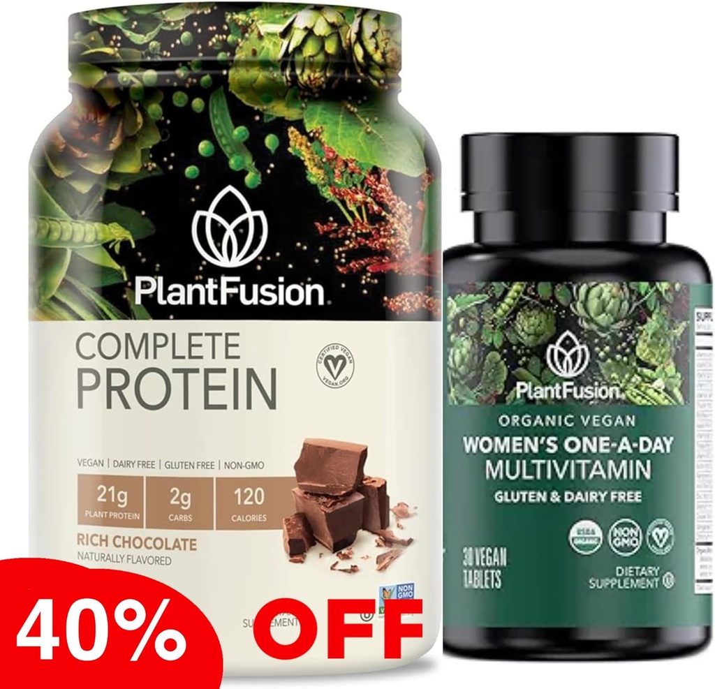 Białko PlantFusion w proszku & Organic Women 's Multivitamin Bundle - 21g Białko oparte na plancie z BCAA, Czyste składniki, & Pyszne Flavor Plus 19 Witaminy zasadnicze dla energii, Immunitet i Heart Hea