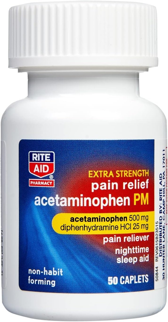 Rite Aid Extra Strength PM Pain Relief Cappets, 500mg Acetaminophen / 25mg Difenhydramine - 50 Count 124; Nighttime PM Pain Reliever + Sen Aid Aid 124; Joint Pain Relief Agreef 124; Menstrual Pain Relief + PMS Relief