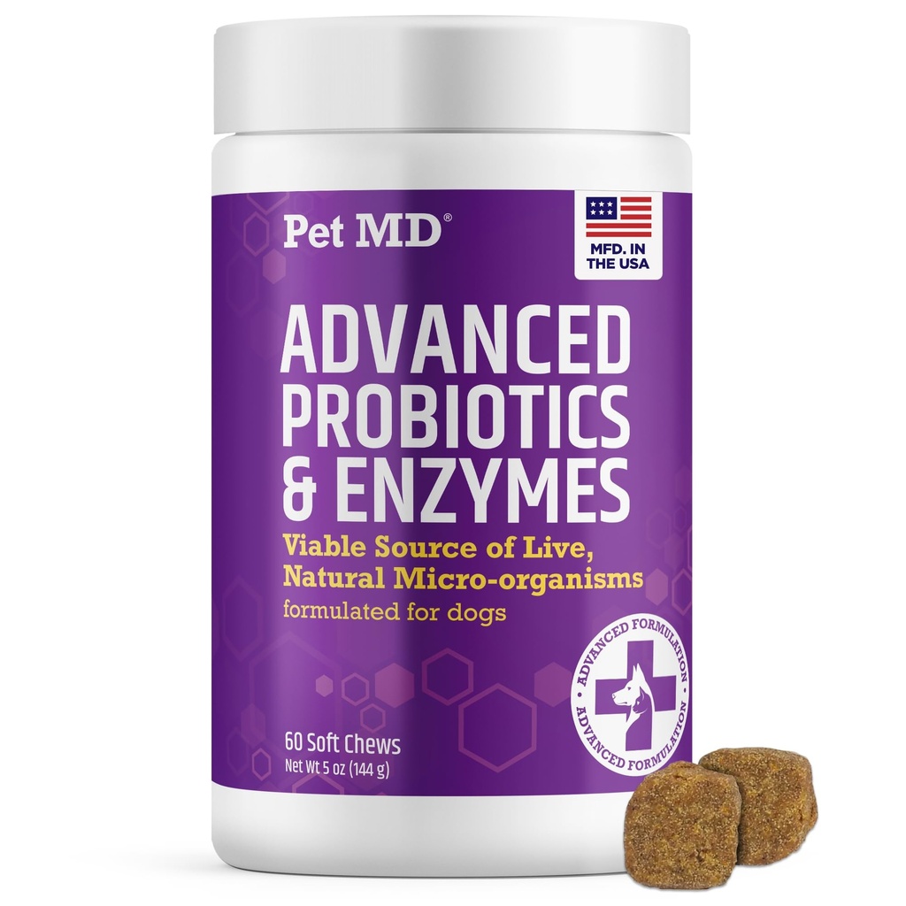 Probiotyki i enzymy dla psów - Gut Health Chews with Prebiotics - Digestive Aid for Dogs with Usset Stomach, Biegunka, Zaparcia lub Gaz - Functional Probiotics for Dogs - 60