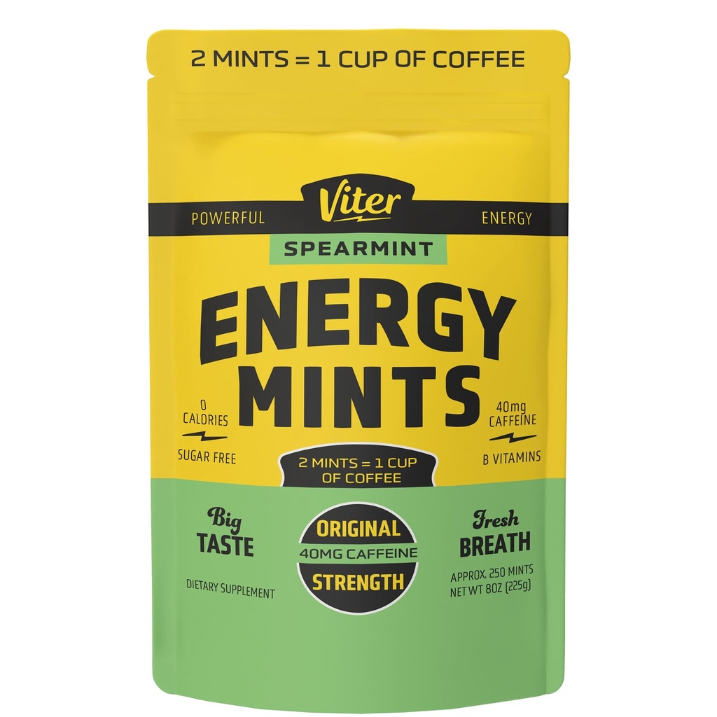 Viter Energy 40mg Kofeina Mints - Bezcukrowe, Witaminy B, Wegan, Wzmacnia szybko Energized Alert Focus, Kofeina Nootropowy Suplement Pigułki (Spearmint Flavor, 8oz, Worek luzem)