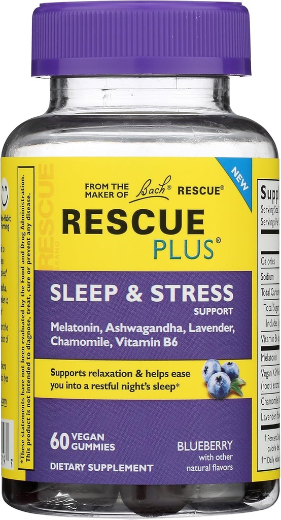 Bach Rescue Plus Sleep & Stress Support Gummies, Nocny suplement diety z 1 mg Melatonina, Ashwagandha, Rumianek, Lavender & Witamina B6, 60 Gummies (Opakowanie 3)