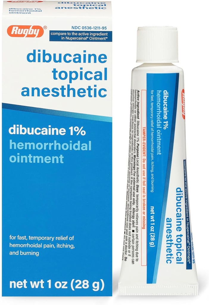 Rugby Dibucaine Tematyczne anestetyczne 1% Hemorrhoid Ointment - Pain Relief Cream for Sartching and Burning, Hemorrhoid Treatment, Anti Itch Cream 1 Oz (1 Pack)