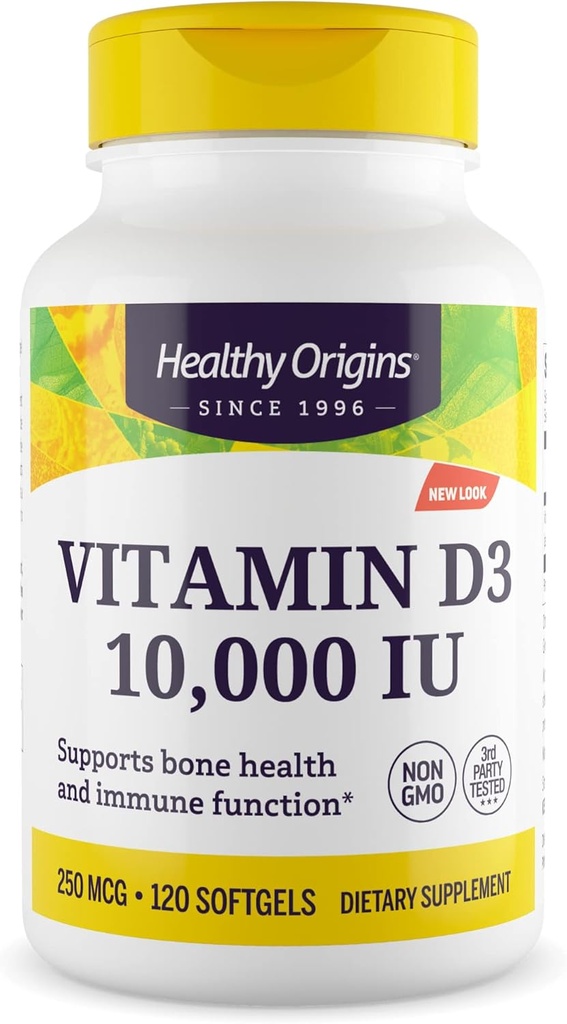 Zdrowe początki Witamina D3 10 000 IU (Non-GMO, Wysoka potencja, Wsparcie dla kości, Wsparcie immunologiczne, Gluten Free), 120 Softgels