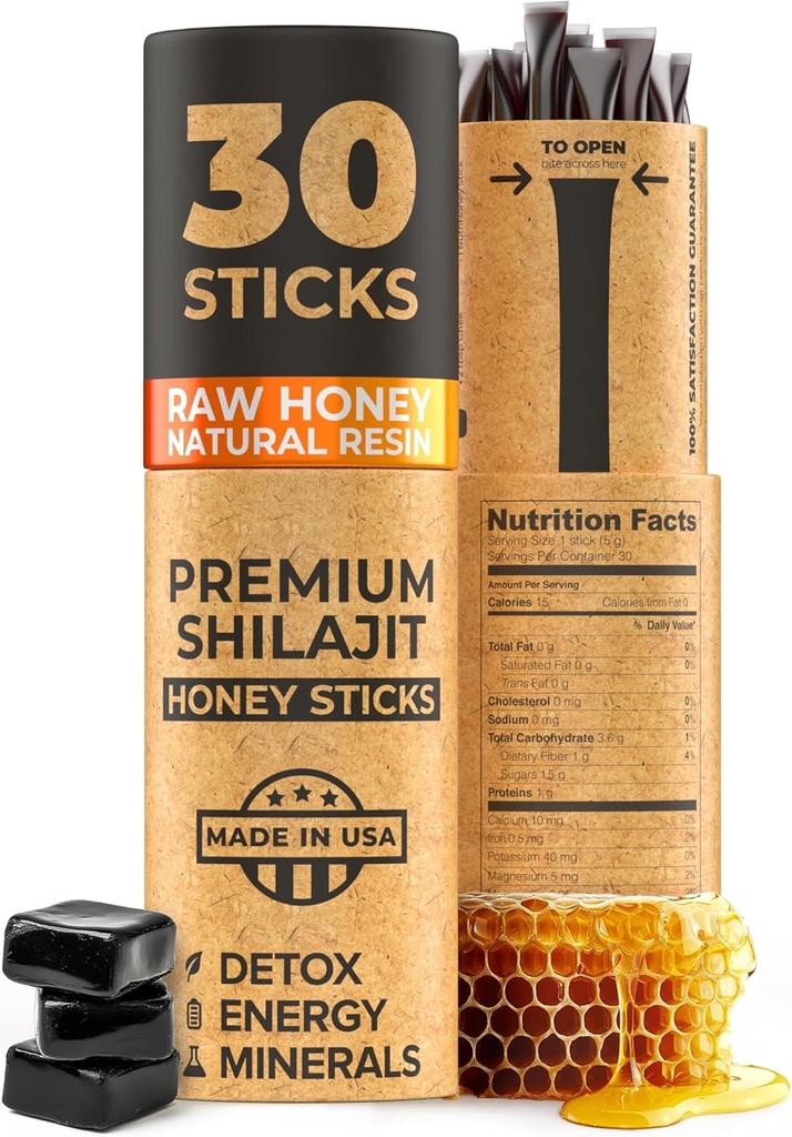Miód SHILAJIT NATURAL - Shilajit Resin with Raw Honey, Fulvic Acid & Trace Minerals, Plant Based Nutricents for Energy, Immune Support & Vitality - 30 Shilajit Sticks